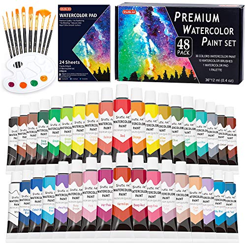 Shuttle Art Acquarelli 48, 36 Colori Acquerelli Per Dipingere In Tubi Da 12 Ml Con 10 Pennelli Acqua 1 Paletta 1 Libro Da Disegno, Ricchi Pigmenti Per
