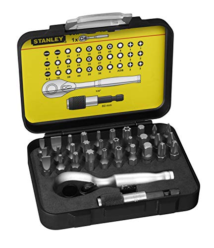 Stanley 1-13-904 Inserti, 25 Mm, Attacco 1/4" Con Portainserti Magnetico, Set Di 32 Pz + Cricchetto