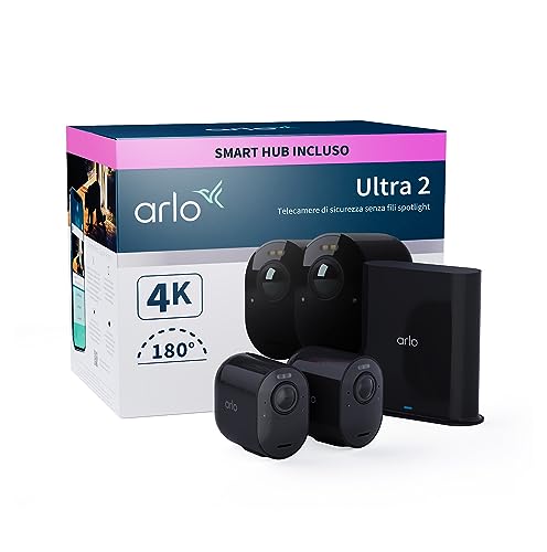 Arlo Ultra 2 Telecamera Wifi Esterno Senza Fili, Telecamera Wifi Interno, 4K Uhd, Sirena Allarme Casa, Sensore Di Movimento, Audio Bidirezionale, Prov