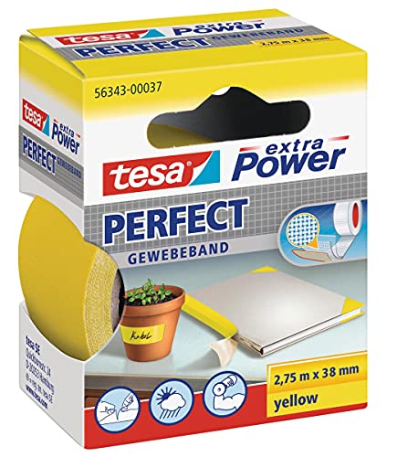 Tesa Extra Power Perfect, Biadesivo Rinforzato In Tessuto, Ottimo Per Riparazione, Fissaggio, Etichettatura E Rinforzo, Giallo, 2,75 M X 38 Mm