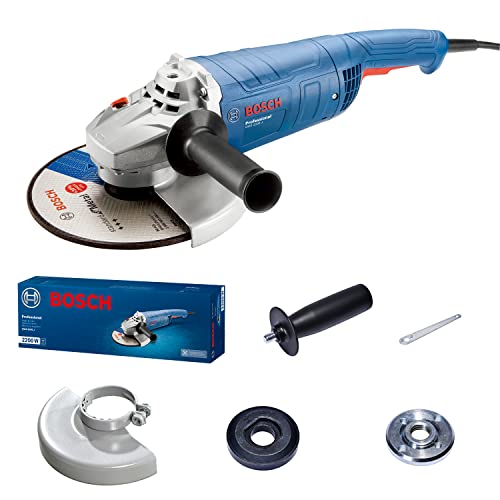 Bosch Professional Smerigliatrice Angolare A Filo Gws 2200 J (Diam. Disco 230 Mm, Motore 2.200 W, Incl. Impugn. Supplem., Cuffia Protez., Chiave A Due