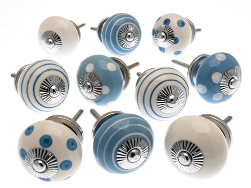 Mango Tree, Set Di 10 Pomelli In Ceramica Per Credenze, Colore Blu E Bianchi A Pois E A Righe