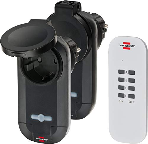 Brennenstuhl 1507030 Set Di Interruttori Radio Rc Ce1 0201 Comfort Ip44 Rcce10201, Nero E Bianco, 2 Funksteckdosen Außenbereich