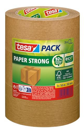 Tesapack Carta Ecologo, Nastro Da Imballaggio In Carta Ecologica, 60 Prozent Di Materiale Organico, Marrone, 3X 50 M X 50 Mm