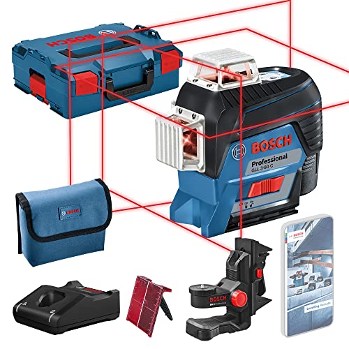Bosch Professional Gll 3-80 C Livella System, 1 Batteria 12V, Laser Rosso, Con App, Raggio D’Azione: Fino A 30 M, Supporto Universale Bm 1, L-Boxx, 12