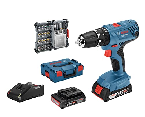 Bosch Professional 18V System Trapano Avvitatore Con Percussione A Batteria Gsb 18V-21 (Incl. 2 Batterie Da 2,0 Ah, Set Di Accessori Da 40 Pezzi, In L