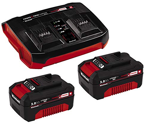 Originale Einhell 2X 3,0Ah & Twincharger Kit Power X-Change (Tensione 220-240 V, 50-60 Hz, 18V, Incl. 2 Batterie 3 Ah E Caricabatteria Doppio)