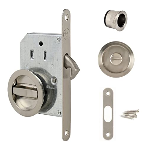 Yale Kit Serratura Per Porta Scorrevole, Serratura A Condanna E Maniglie A Tazza Tonda Incasso, Diametro Interno Maniglie 48 Mm, Acciaio Finitura Nich