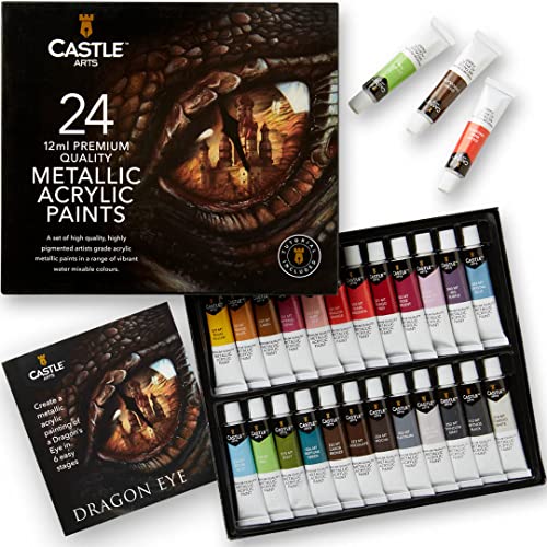 Castle Art Supplies Set Vernici Acriliche Metalliche | 24 Tubetti Da 12 Ml Per Artisti Adulti, Principianti Ed Esperti Per Una Scintillante Qualità A