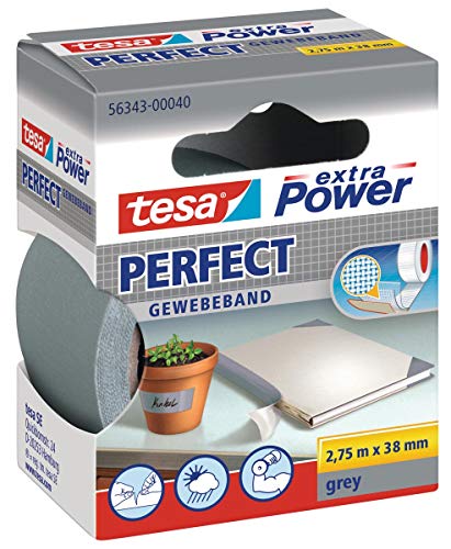 Tesa Extra Power Perfect, Biadesivo Rinforzato In Tessuto, Ottimo Per Riparazione, Fissaggio, Etichettatura E Rinforzo, Grigio, 2,75 M X 38 Mm