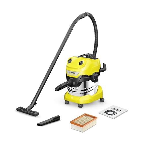 Kärcher Wd 4 V S-20/5/22 - Bidone Aspiratutto Solidi Liquidi, Bidone In Acciaio Inox, Aspirapolvere Potente Da 220Aw, 1000W, Con Sacco, Giallo/Nero