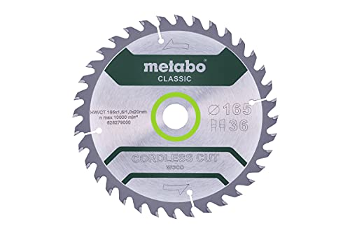 Metabo 628279000 - Lama Per Sega "Cordless Cut Wood - Classic", 165 X 1,6/1,0 X 20 Cm, Z36 Wz 15°