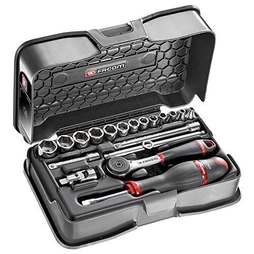 Facom - Cofanetto Prese 1/4" 6 Pans Metriche - R.161-3P6-19 Pezzi Con 1 Cricchetto, 13 Prese, 2 Allunghe, 1 Gimbal, 1 Manico Scorrevole, 1 Manico Per