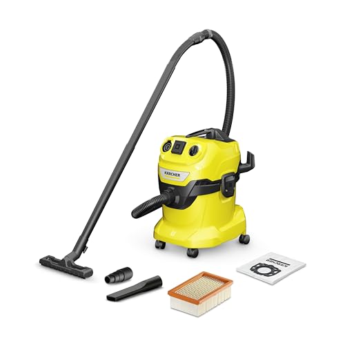 Kärcher Wd 4 P S V-20/5/22 - Bidone Aspiratutto Solidi Liquidi, Presa Elettroutensile, Aspirapolvere Potente Da 220Aw, 1000W, Con Sacco, Giallo/Nero