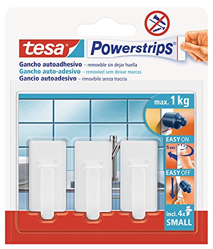 Tesa Powerstrips Ganci Small Classic, Gancio Adesivo Rimovibile Per Vetro, Piastrelle, Legno, Plastica E Altre Superfici, Impermeabile, Bianco, Forte