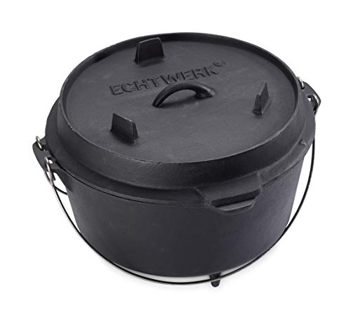 Echtwerk Pentola Olandese Per Barbecue Da 8 L Circa, Già Cotta - Precostituita, Coperchio Con Manico In Acciaio Inox Utilizzabile Come Padella, Pentol