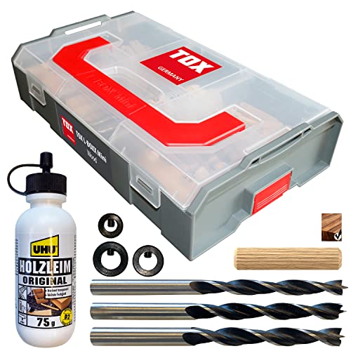 Tox L-Boxx Mini Legno Efficace, Compatto, Adattabile E Impilabile + Set Di Tasselli In Boltfix Wood +S & Ausili Per Tasselli: Colla Di Marca + Trapano