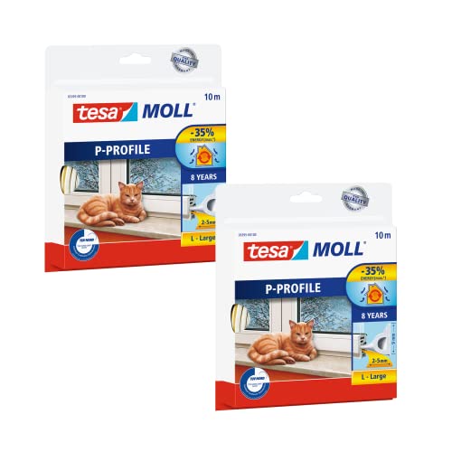 Tesa Moll P-Profil Guarnizione In Gomma In Confezione Da 2 Pezzi, Per Isolare Fessure Su Finestre E Porte, Colore Bianco, 2 X 10 M X 9 Mm X 5,5 Mm