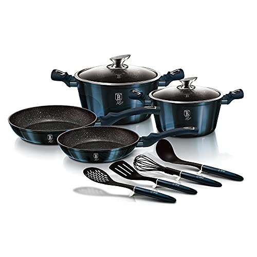 Berlinger Haus Aquamarine Set Di Pentole Induzione 10-Piece Antiaderente Marmo Pfoa-Free, Alluminio, Set 2 Casseruoli, 2 Coperchi Di Vetro, 2 Padelle,