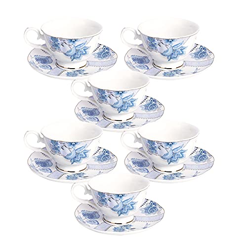 Fanquare Set Di 6 Tazzine Da Caffè Floreali, Tazze Cappuccino In Porcellana Con Piattini, Tazza Da Tè Per Compleanno, Matrimonio E Festa, Blu(150 Ml)