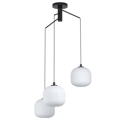 Eglo Lampada A Sospensione Mantunalle, Luce A Grappolo Con 3 Lampade Da Pranzo, Illuminazione In Metallo Nero E Vetro Bianco, Lampada Da Sala Da Pranz