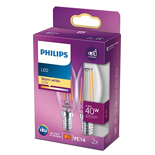Philips Led Lampadina Led Candela Filamento, 4.3W, Attacco E14, Luce Bianca Calda