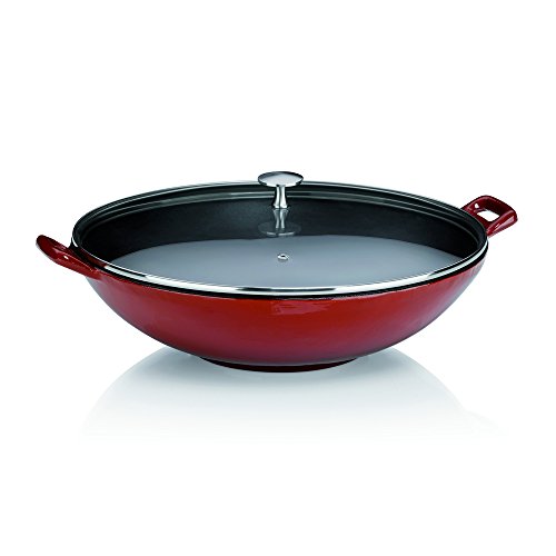 Kela 11947, Padella Wok Con Coperchio Ignifugo, Ghisa Smaltata, Elevata Conservazione Del Calore, Adatta A Piani A Induzione, Ø 36 Cm, 4 L, Rosso, Cal