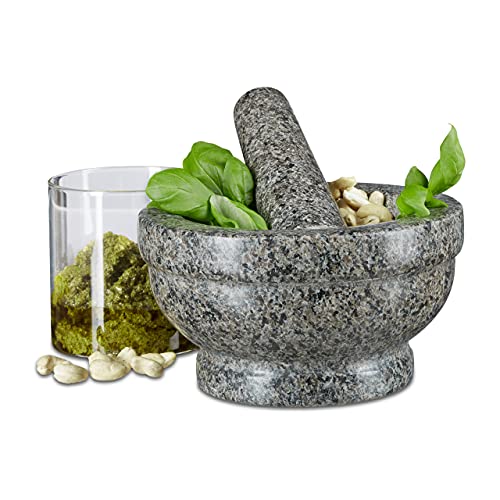 Relaxdays Mortaio Con Pestello Diametro 17 Cm, Robusto, Resistente, Trita Erbe, Vera Pietra, Granito, Grigio, 19 X 17 X 14 Cm
