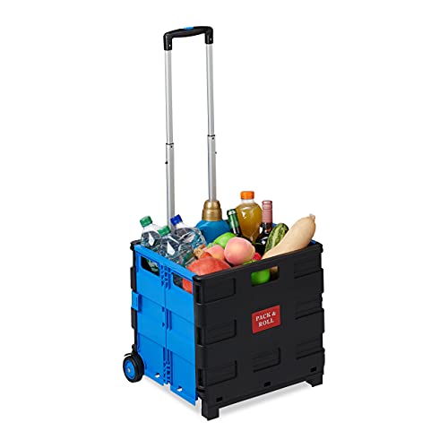 Relaxdays Carrello Portaspesa Pieghevole,Manico Telescopico,2 Ruote Gomma,Fino A 35 Kg,Trolley Spesa,Alluminio, In Blu
