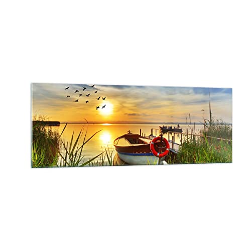 Quadro Su Vetro Barca Lago Tramonto Estate La Gente Stampe Da Parete In Vetro 140X50Cm Quadri Moderni Soggiorno Camera Da Letto 1 Pezzo Grandi Xxl Dec