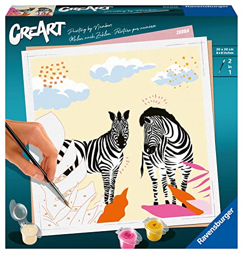 Ravensburger - Creart Zebra, Kit Per Dipingere Con I Numeri, Contiene Tavola Prestampata 20X20 Cm, Pennello, Colori E Accessori, Gioco Creativo E Rela