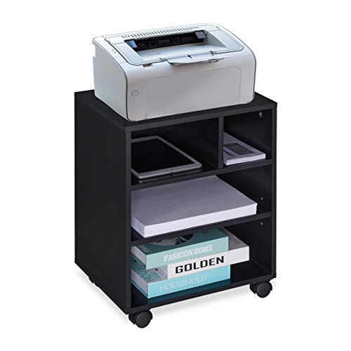 Relaxdays Carrello Porta Stampante, 4 Scomparti Aperti, Mobile Per Ufficio, Mobiletto Con Ruote, 49 X 40 X 30 Cm, Nero