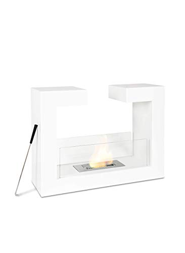 Stones Home Furniture, Caminetto A Bioetanolo Da Pavimento, Senza Fumo, Bruciatore In Acciaio Da 1,5 L, Durata Fiamma 3 Ore, Colore Bianco Con Vetro T