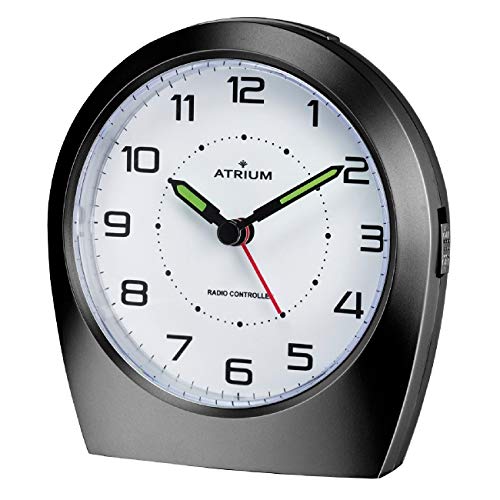 Atrium, Radiosveglia Analogica Al Quarzo Senza Ticchettio, Design Classico, Colore: Nero Opaco