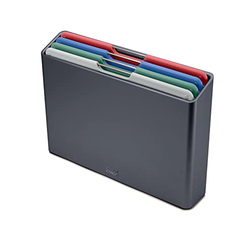 Joseph Joseph Folio - Set Di 4 Pezzi, Taglieri Da Cucina In Plastica, Con Custodia Porta Taglieri- Medio, Grafite/Multicolore