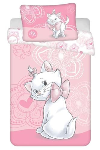 Jerry Fabrics Parure Da Letto Marie Aristogatti, 100% Cotone, Copripiumino 100 X 135 Cm E Federa 40 X 60 Cm, Rosa