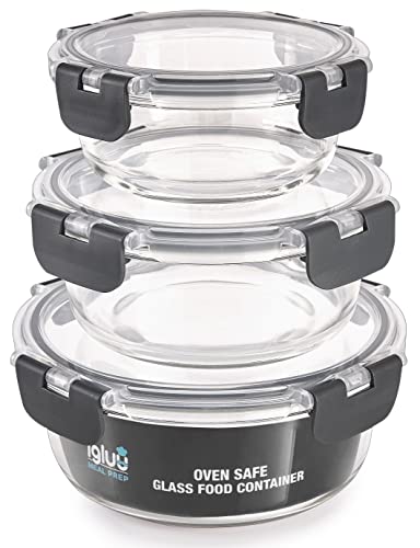 Igluu Meal Prep - Set Di 3 Contenitori Rotondi In Vetro - Contenitori Per Alimenti, Congelatore, Microonde E Forno - Lavabile In Lavastoviglie, Senza