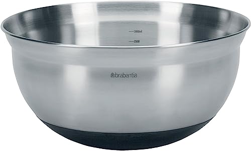 Brabantia Mixing Bowl Ciotola Graduata Con Base In Silicone, 3 L, Diametro 26 Cm, Acciaio Inox, Inox Satinato