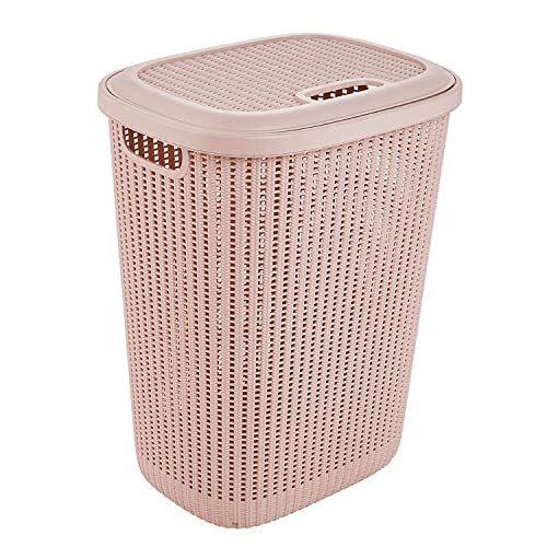 Keeeper Cesta Per Biancheria In Stile "Effetto Maglia", Coperchio Integrato, Con Fori Di Ventilazione, Plastica, 57 L, Arne, Rosa Chiaro