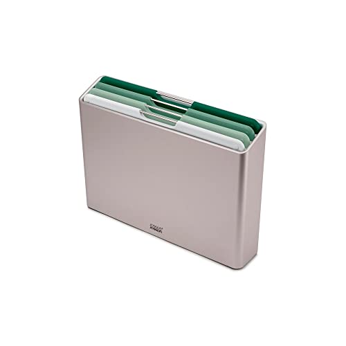 Joseph Joseph Folio - Set Di 4 Pezzi, Taglieri Da Cucina In Plastica, Con Custodia Porta Taglieri- Grande, Argentato/Verde Sfumato