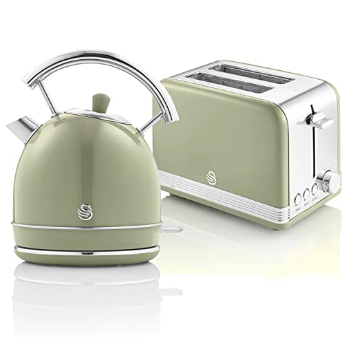 Swan Retro Colazione Set 1,8 L Bollitore Senza Fili Con Elemento Riscaldante In Acciaio Inox, Tostapane A Fessura Larga 2 Fette, Regolatore Di Tostatu