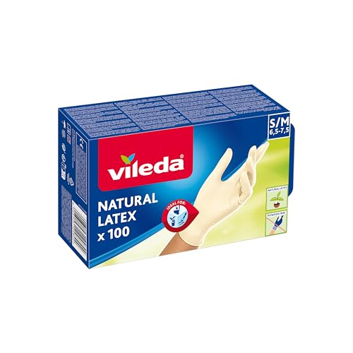 Vileda Guanti Natural Latex 100, Guanti Usa E Getta, Guanti In Lattice Naturale, Senza Polvere, Taglia S/M, 100 Unità