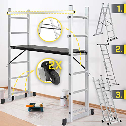 Timbertech® Scala Ponteggio - Multifunzione 4In1, Trasformabile In Scala A Libro E Da Appoggio, Altezza Di Piattaforma Regolabile, Portata 150Kg, Ruot
