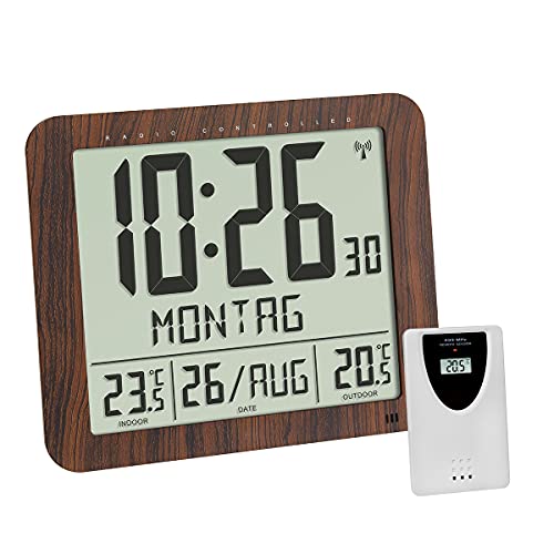 Tfa Dostmann Orologio Da Parete Radio Effetto Legno, 60.4518.08, Con Trasmettitore Esterno, Temperatura Interna Ed Esterna, Facile Da Leggere, Con Dat