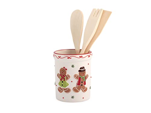 H&H Porta Mestoli Gingerbread In Ceramica Con 3 Mestoli In Legno