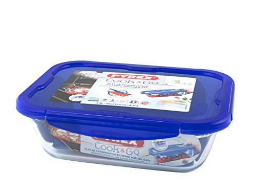 Pyrex Cook&Go Teglia Multiuso Rettangolare Con Coperchio Ermetico, Trasparenteyblu, 30 X 23 X 9 Cm, 3,30 L