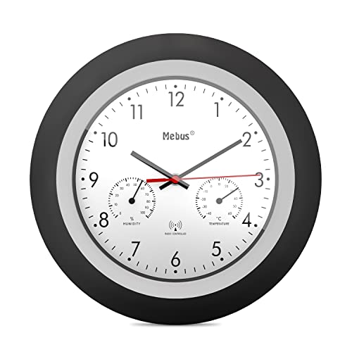 Mebus Funk-Wanduhr Mit Thermometer Und Hygrometer/Schwarzer Rahmen/Weißes Zifferblatt / 29Cm Durchmesser/Rund/Modell: 19449 / Farbe: Schwarz, Weiß