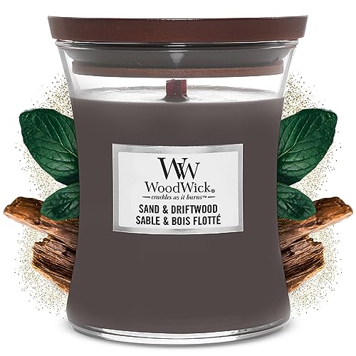 Woodwick Candela Profumata Hourglass Media Con Stoppino Crepitante | Legno E Sabbia (Sand & Driftwood) | Durata Della Fragranza: Fino A 60 Ore