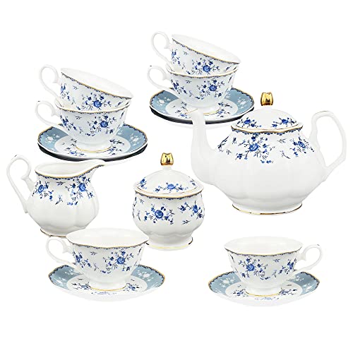 Fanquare 21 Pezzi Servizio Da Tè In Porcellana Con Rosa Blu, Servizio Da Caffè Inglesi Con Teiera, Zuccheriera, Barattolo Del Latte, Tazza E Piattino