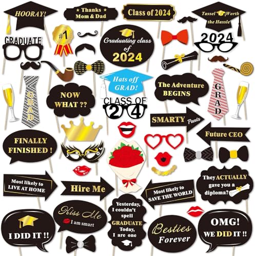 Nuove 2024 Graduation Photo Booth Puntelli (50Pezzi), Laurea Photo Booth Props Accessori Fai Da Te Cappello Occhiali Baffi Su Bastoni Per Laurea Decor